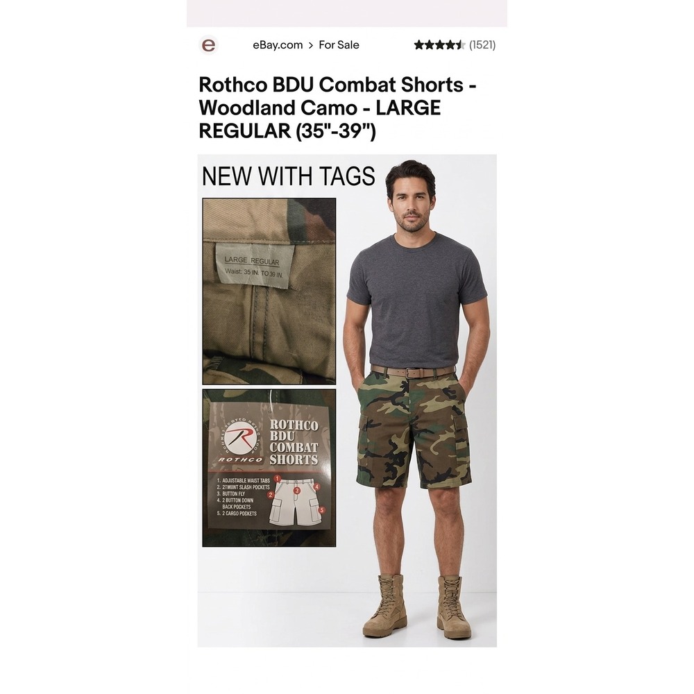 Cargo Shorts Mens Large Regular  Camo Adjustable Waist Green Rothco BD